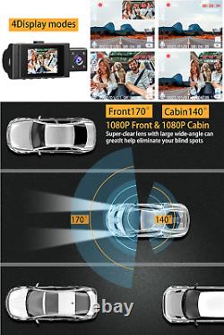 Caméra de tableau de bord double avant et intérieur 1080p FHD pour voitures, Dashcam pour voiture.