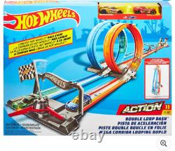 Ensemble de pistes de course Hot Wheels Double Loop Dash & 2 voitures jouet en métal moulé pour enfants