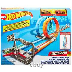 Piste de course Hot Wheels Double Loop Dash & 2 voitures moulées sous pression Ensemble de course amusante NEUF