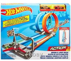 Piste de course Hot Wheels Double Loop Dash avec 2 voitures en métal moulé - Nouveau, livraison gratuite